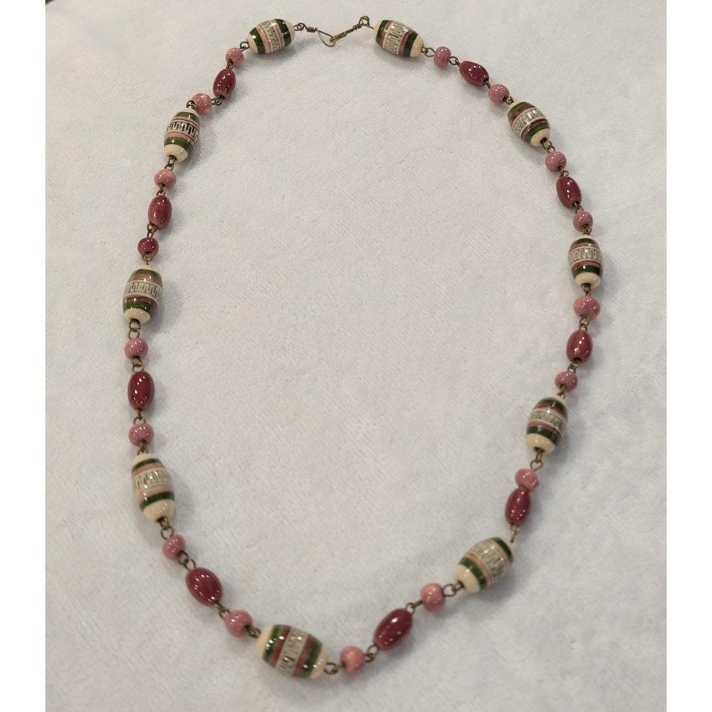 Vintage Ceramic Hand Painted Bead Necklace Mauve Green Cream Geometric Boho 22in